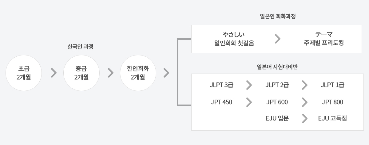 초급(2개월) -> 중급(2개월) -> 한인회화(2개월) -> JLPT 3급 -> 2급 -> 1급 / JPT 450 -> 600 -> 800 / EJU 입문 > 고득점